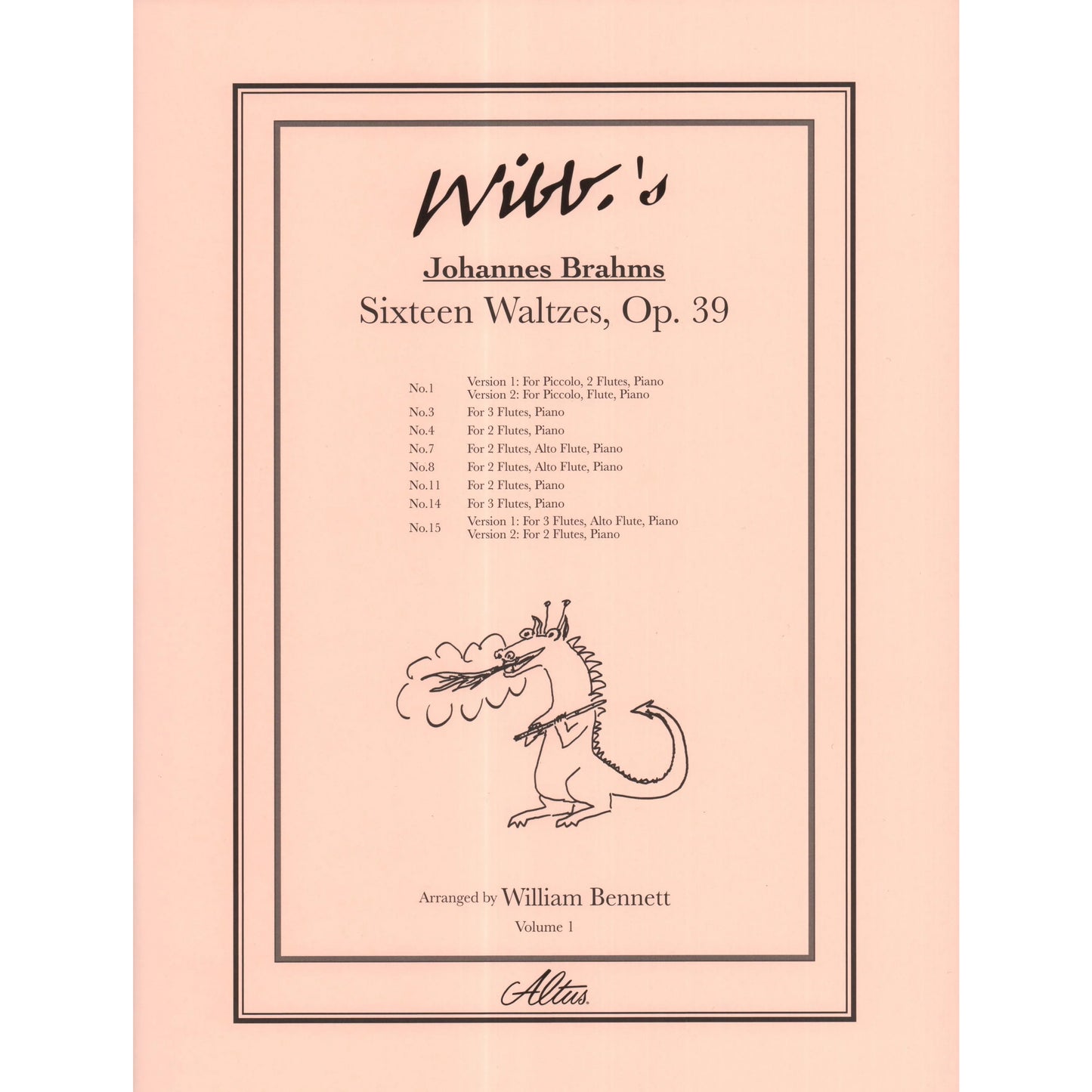 Sheet music cover for Johannes Brahms' Sixteen Waltzes, Op. 39, arranged by William Bennett, on a pink background.