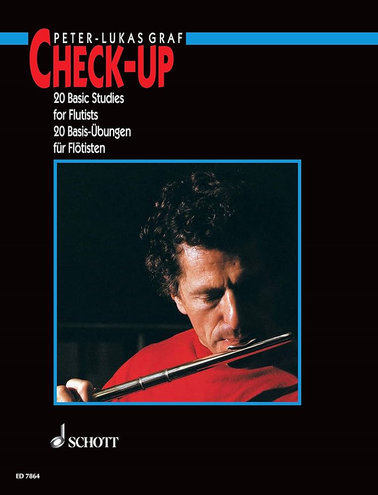 Flute study book cover with a person playing flute and Schott logo