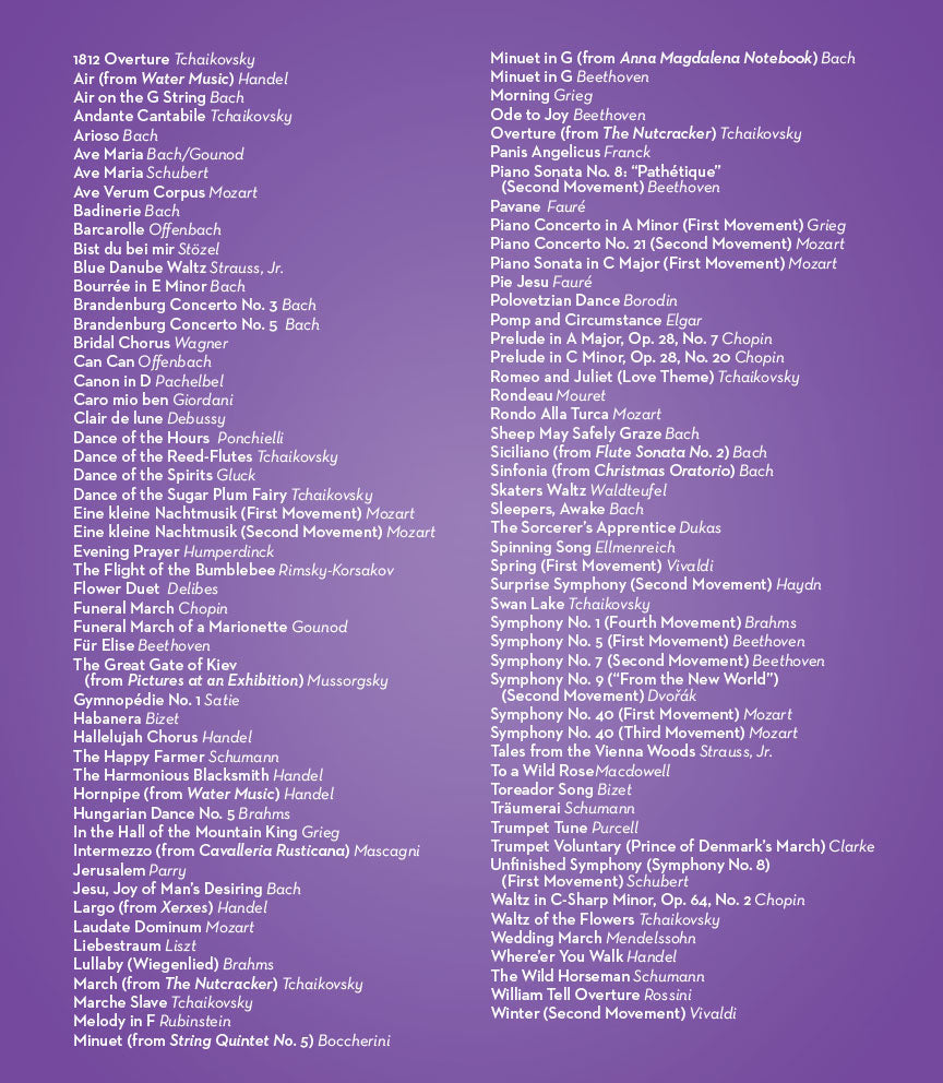 Back cover of a music book with sheet music and composer names on a purple background