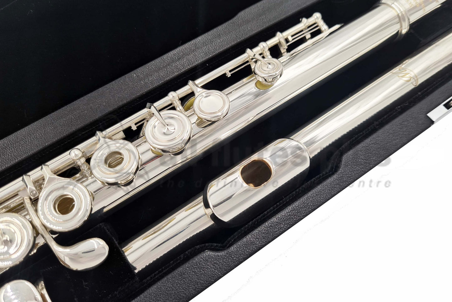 Close up of Miyazawa BR958 - 1 Headjoint with 14K Gold Riser lying in a black velvet lined case