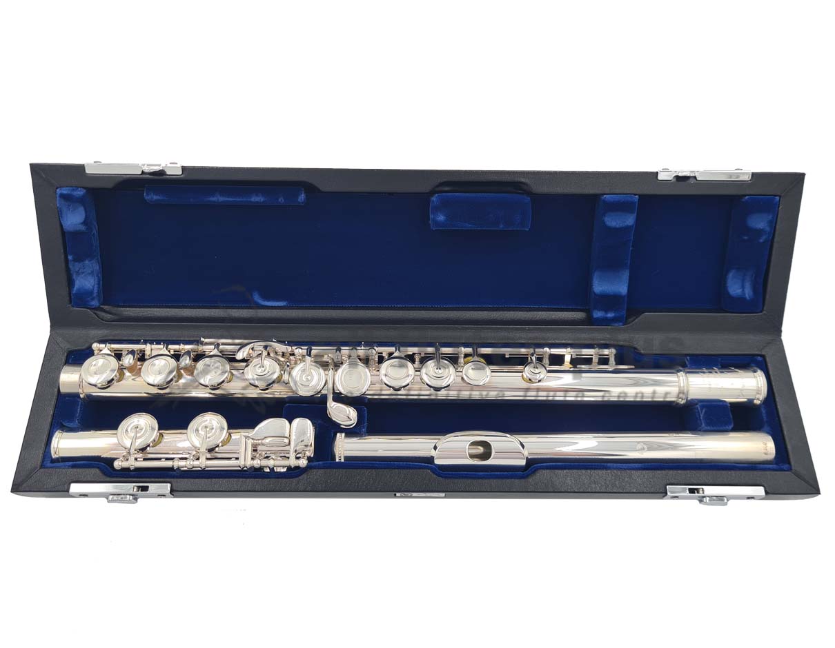 Muramatsu EXIII flute displayed in an open case with a blue interior, including the body with silver headjoint and a silver-plated mechanism.