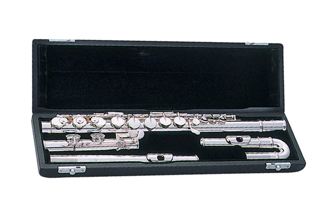 Pearl PFA201 Alto Flute Series displayed in an open case with silver-plated body and keys, including both a curved and straight headjoint.