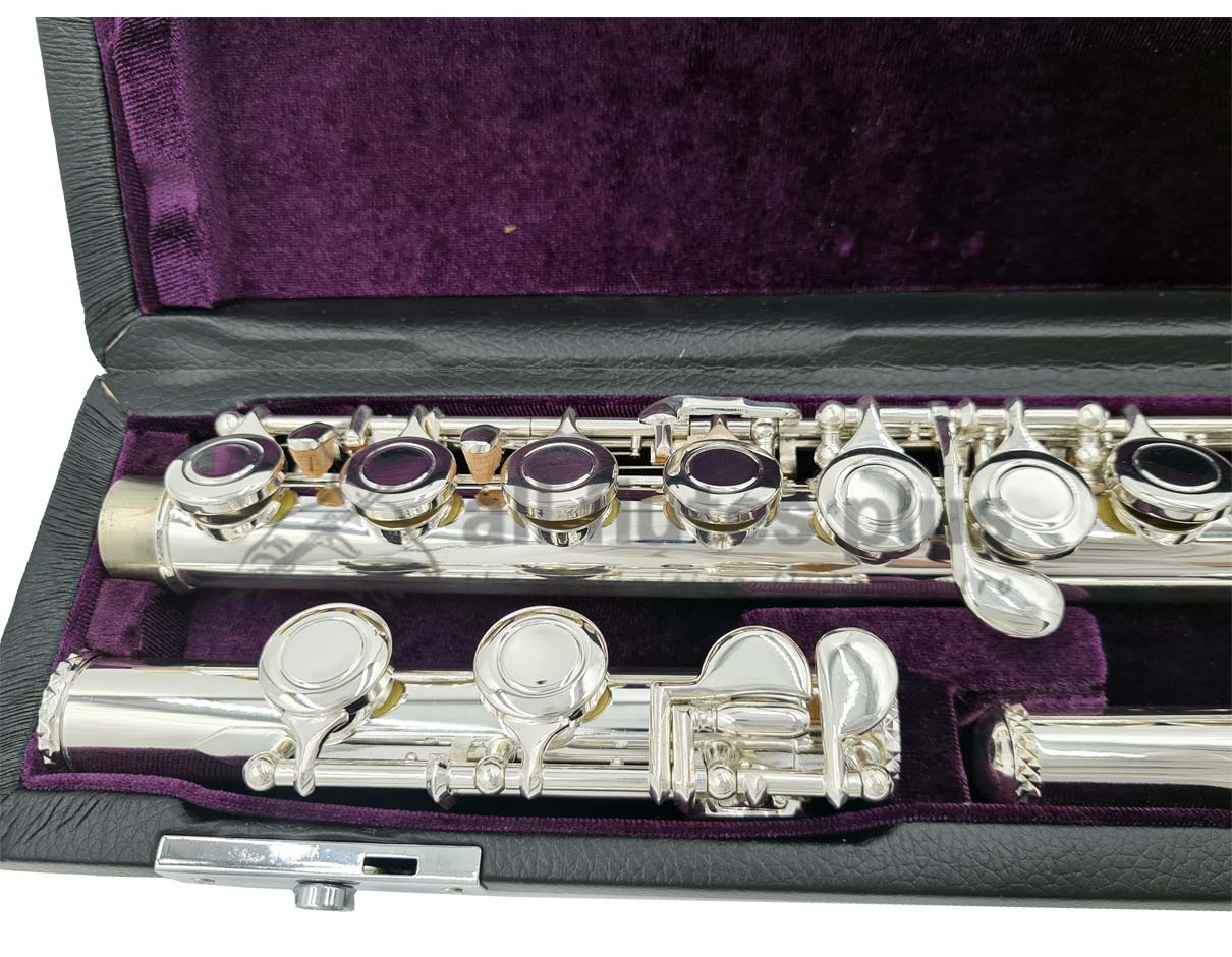 Trevor James 10XEIV Flute close up of right hand closed hole keywork, body tube and C footjoint mechanism, displayed in its open flute case