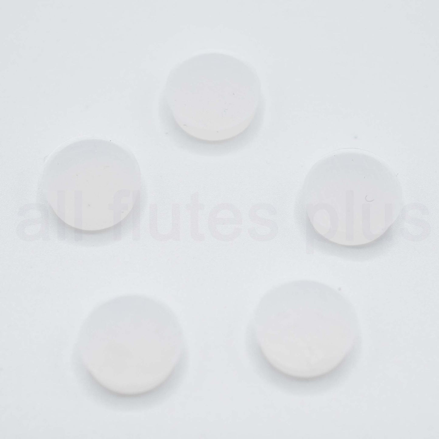 White circular objects on a light gray background Plugs for Open Holes on a flute