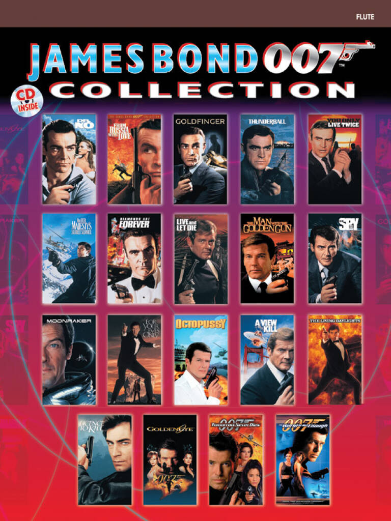 James Bond 007 collection cover with various movie posters on a red and purple background