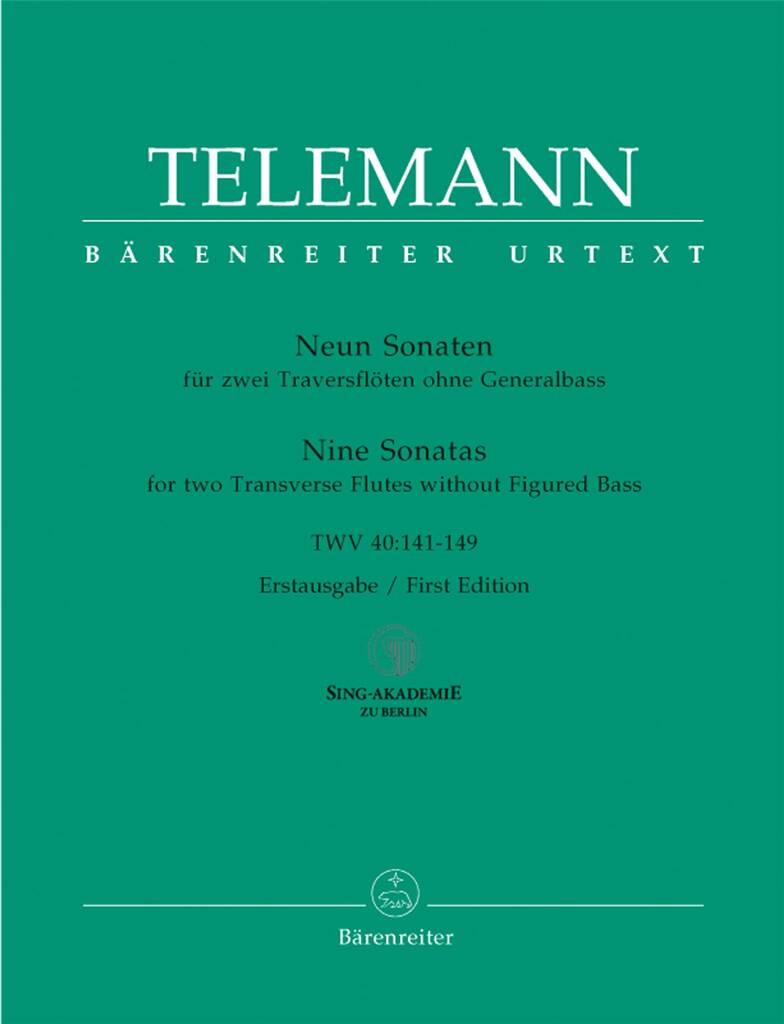 Book cover of Telemann's Nine Sonatas for two transverse flutes without figured bass on a green background.