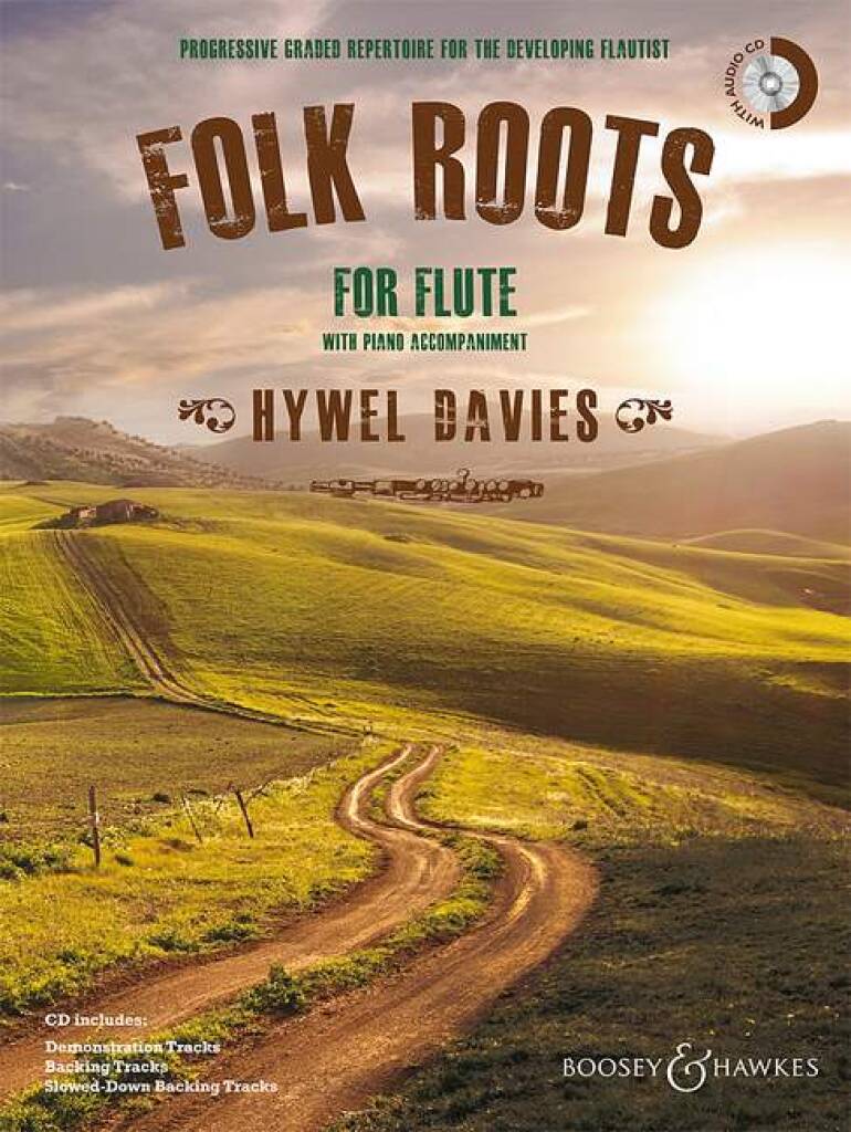paperback cover of Folk Roots for Flute and Piano Album with CD included illustrating a countryside landscape