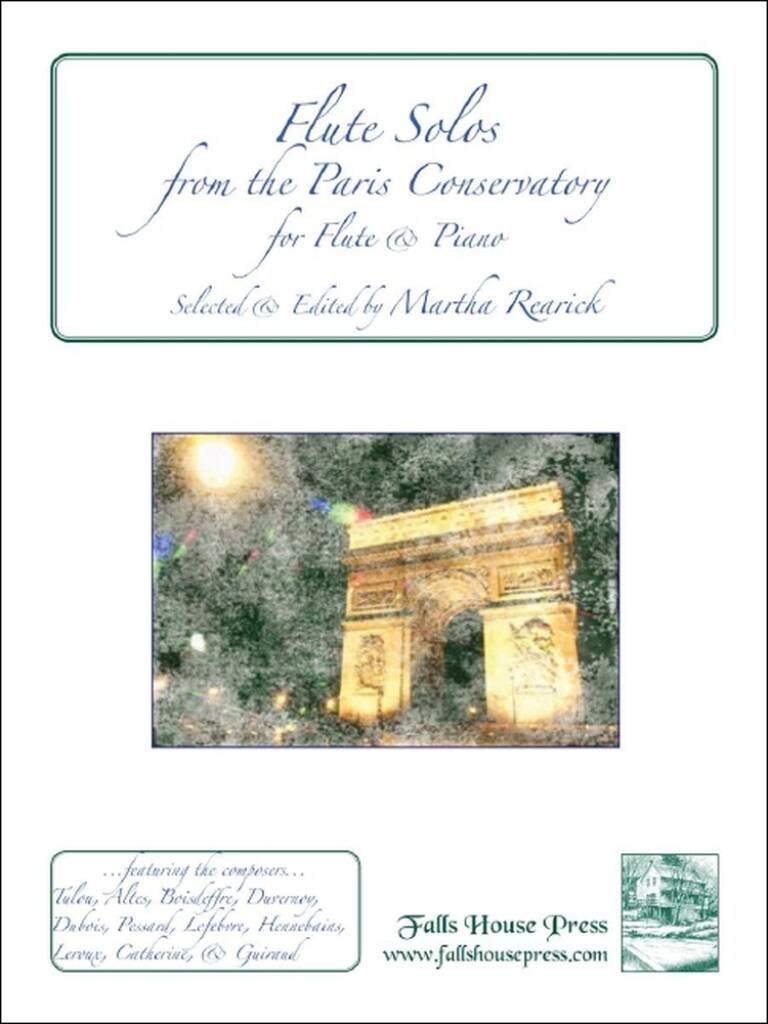 Music book cover titled 'Flute Solos from the Paris Conservatory' with a photograph of the Arc de Triomphe.