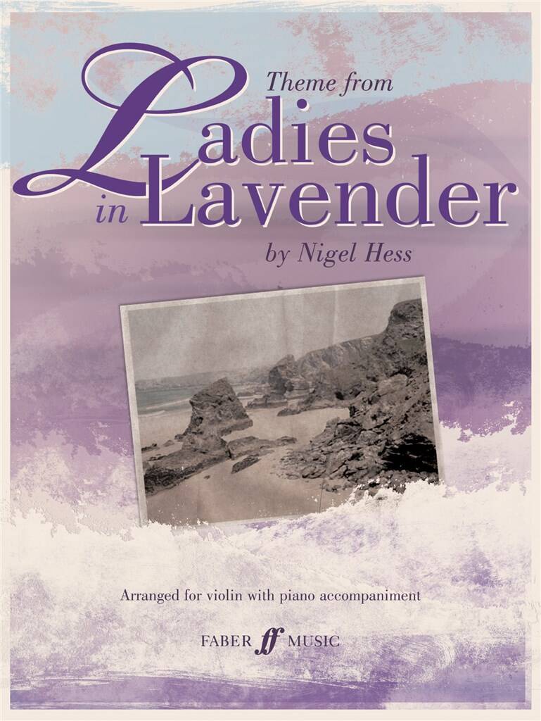 Music sheet cover for 'Theme from Ladies in Lavender' by Nigel Hess, featuring a black and white photo of a landscape.