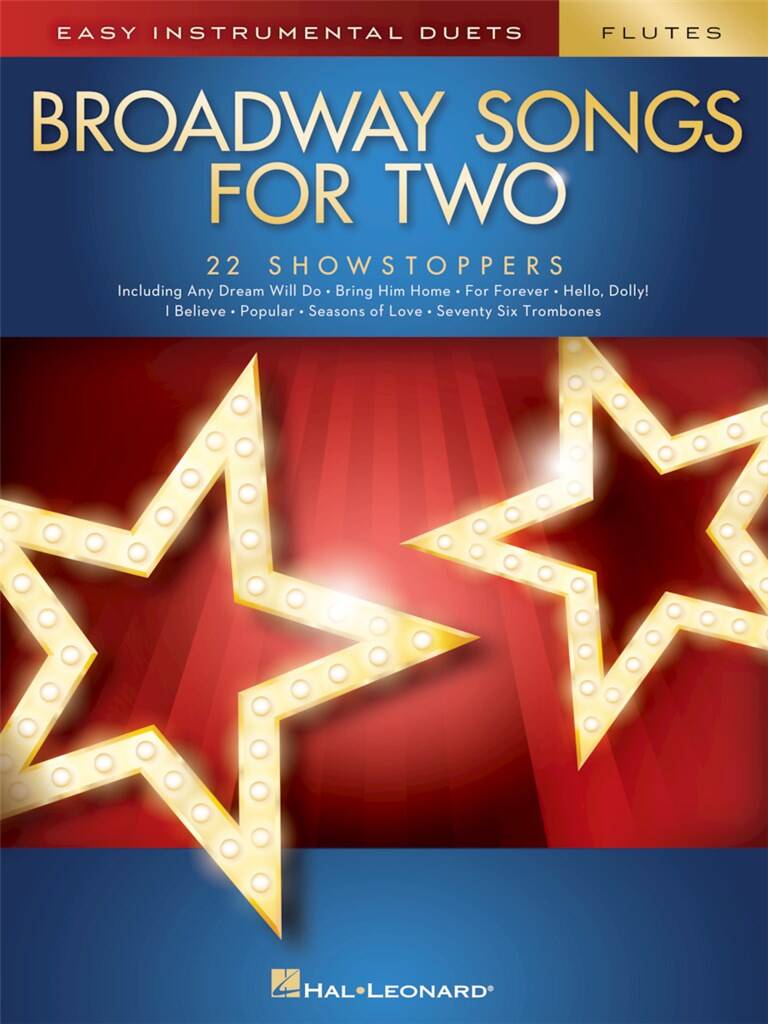 Broadway Songs for Two Flutes cover with 2 led yellow starts illustrated