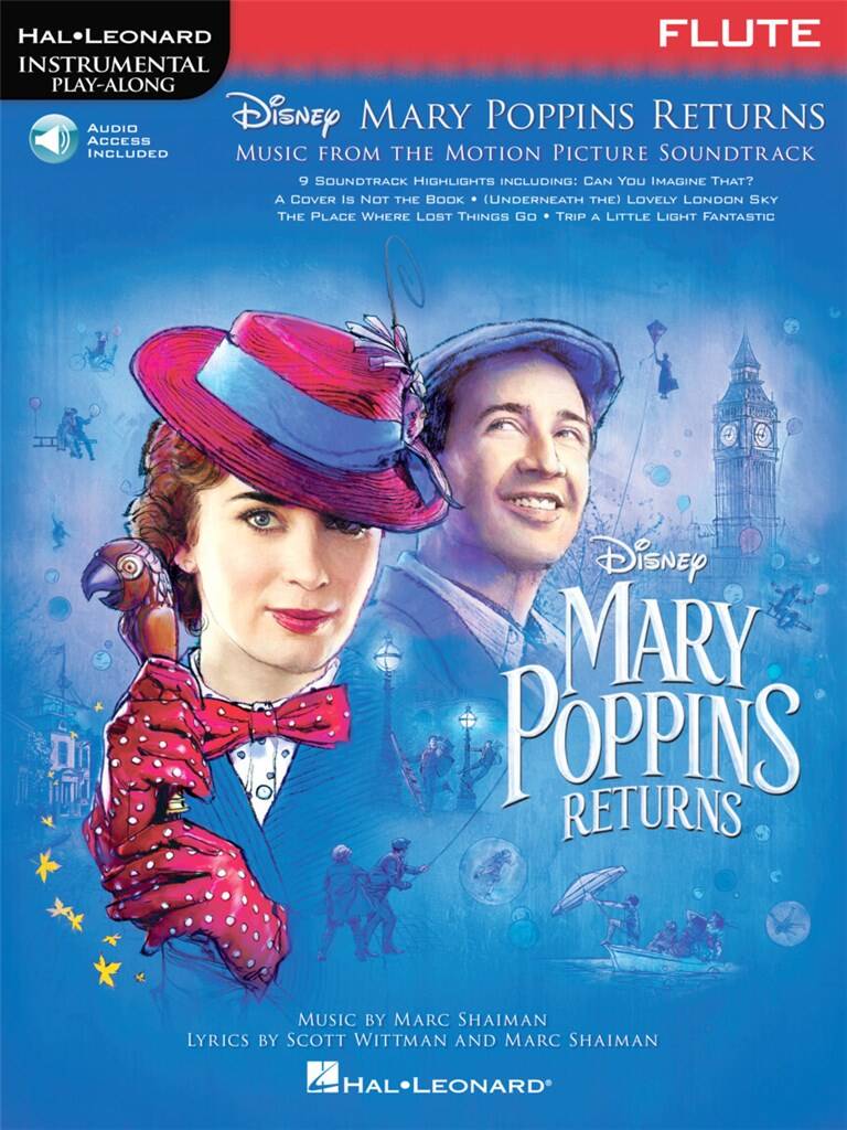 Flute sheet music cover for 'Mary Poppins Returns' with characters and London skyline.