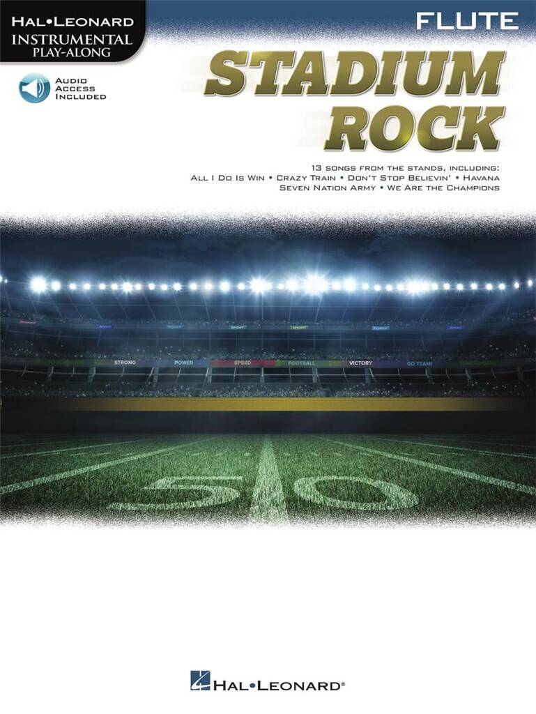Music book cover for 'Stadium Rock' on flute with stadium illustration
