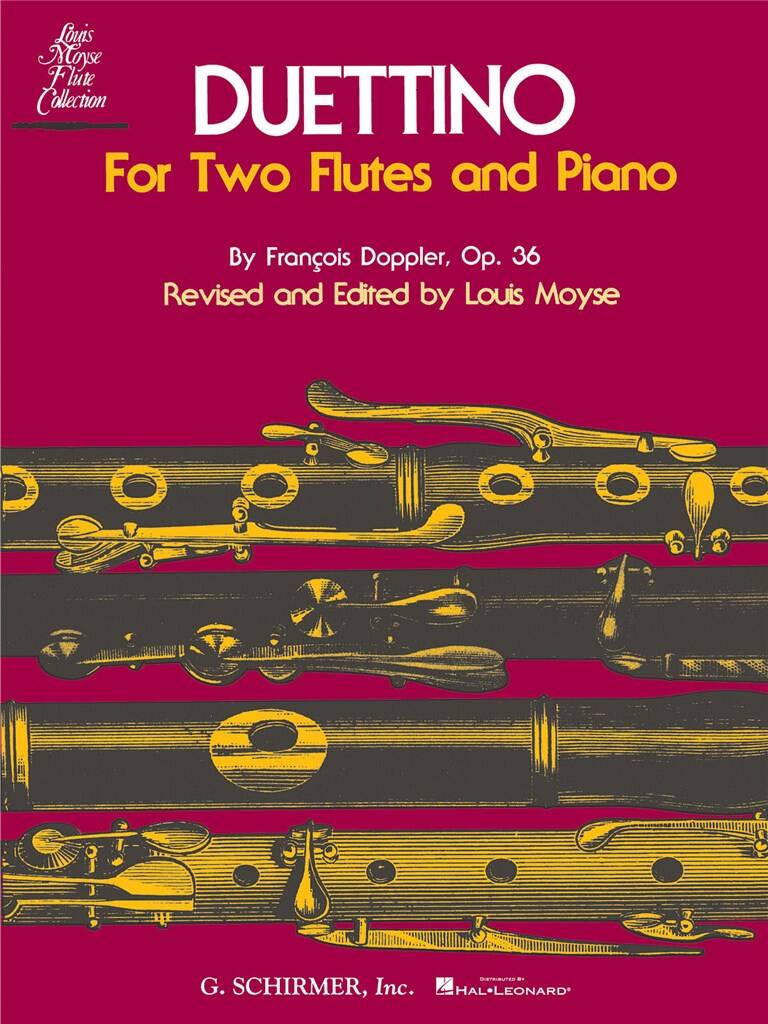 Music sheet cover for 'Duettino for Two Flutes and Piano' with flutist illustration on a red background