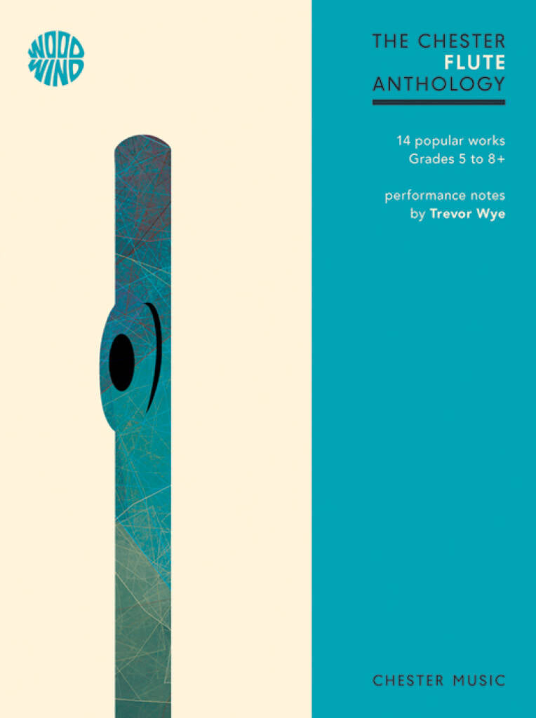 Flute book titled 'The Chester Flute Anthology' with a flute illustration on a beige and blue background.
