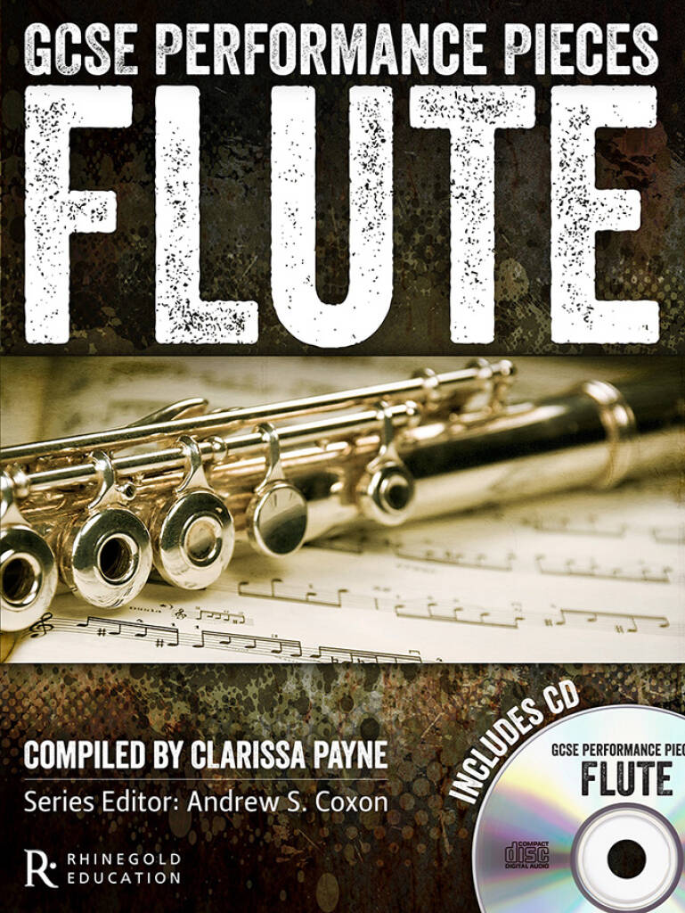 Book cover of 'GCSE Performance Pieces Flute' with a flute and music sheet on a textured background.