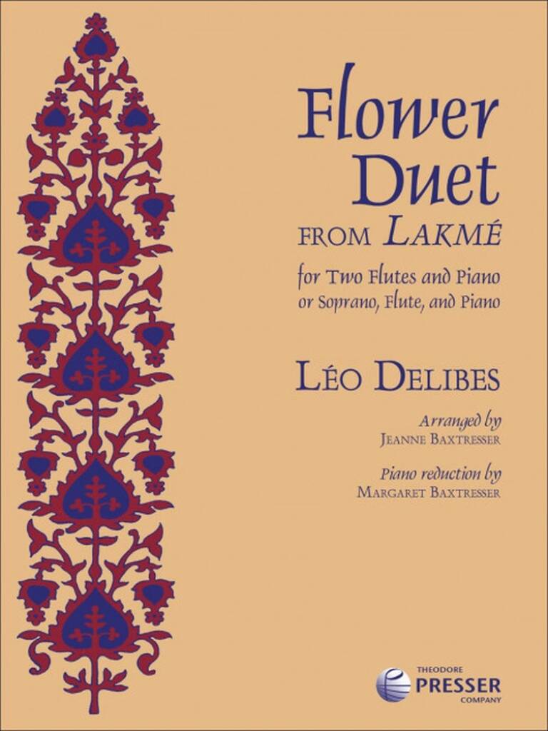Sheet music cover for 'Flower Duet from Lakmé' by Léo Delibes with decorative floral design on beige background.