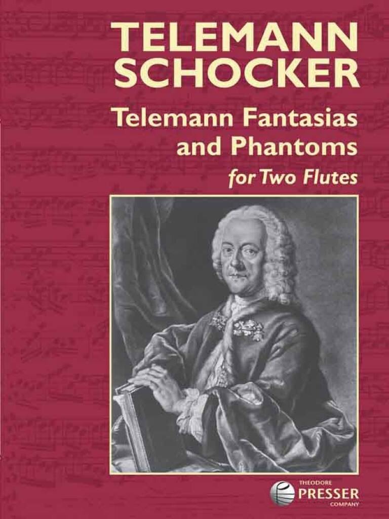 Music sheet cover for Telemann Fantasias and Phantoms for Two Flutes with a portrait of a historical figure on a red background.