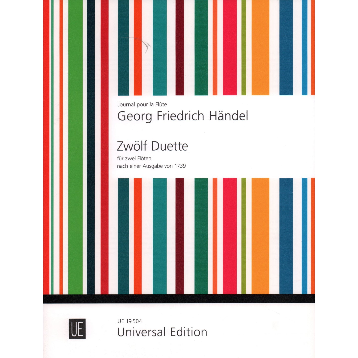 Music sheet cover for 'Zwölf Duette' by Georg Friedrich Händel with colorful striped design