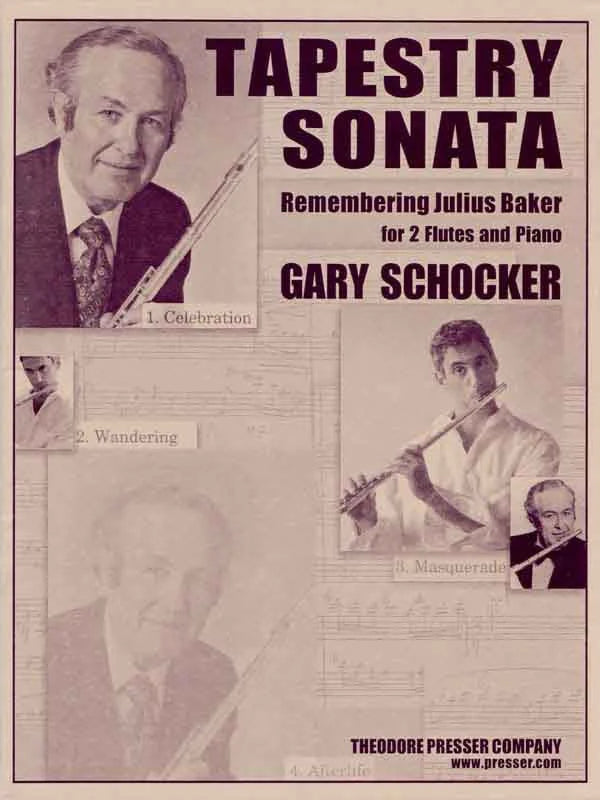 Sheet music cover for 'Tapestry Sonata' by Gary Schocker featuring images of a man playing flute and sheet music.