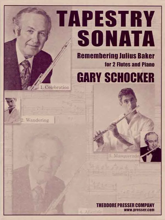 Sheet music cover for 'Tapestry Sonata' by Gary Schocker featuring images of a man playing flute and sheet music.