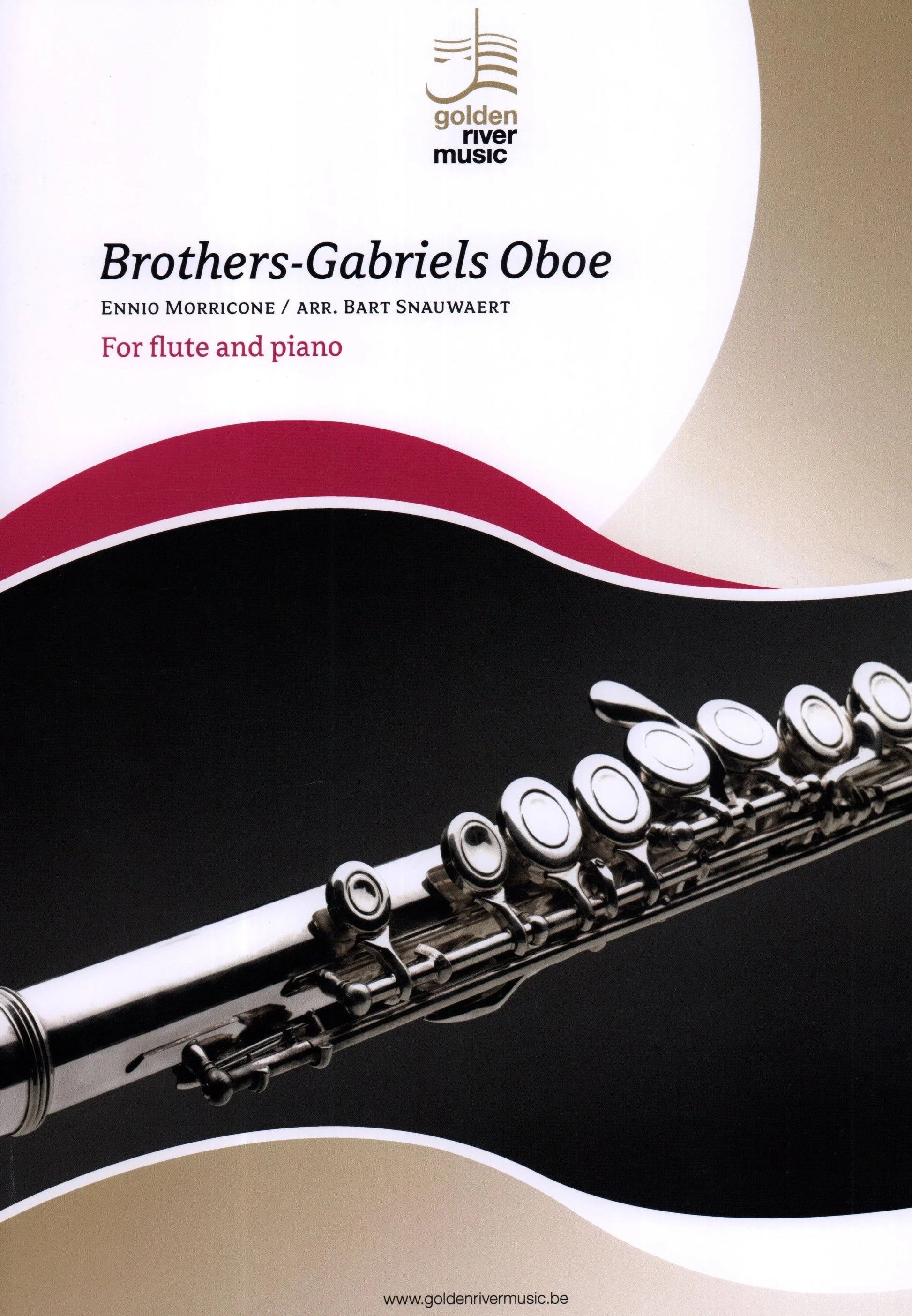 Music sheet cover for 'Brothers-Gabriels Oboe' by Ennio Morricone with a flute illustration on a white background.