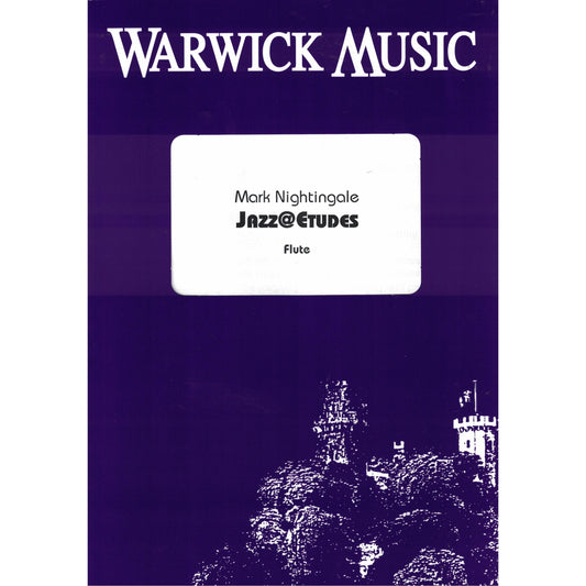 Music book cover for 'Jazz@Etudes' by Mark Nightingale with Warwick Music branding on a purple background.