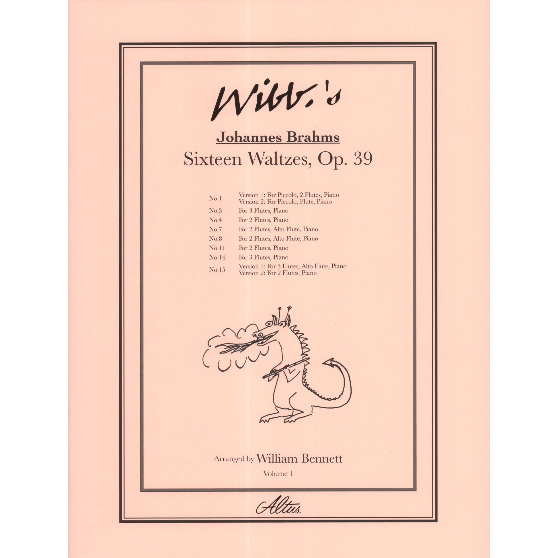 Sheet music cover for Johannes Brahms' Sixteen Waltzes, Op. 39, arranged by William Bennett, on a pink background.