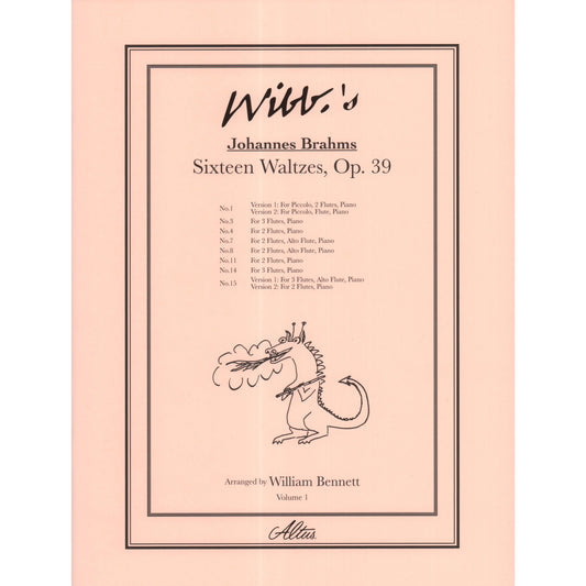 Sheet music cover for Johannes Brahms' Sixteen Waltzes, Op. 39, arranged by William Bennett, on a pink background.