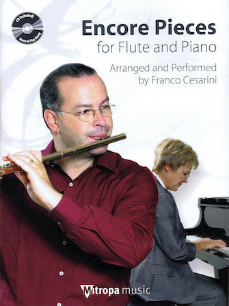 Book cover of 'Encore Pieces for Flute and Piano' with a man playing flute and a woman playing piano