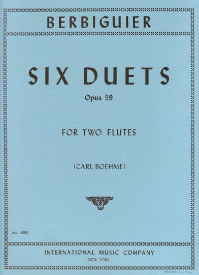 Sheet music cover for 'Six Duets' by Berbiguier, opus 59, for two flutes, with International Music Company branding.
