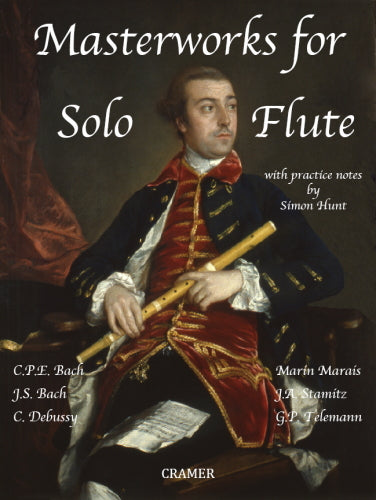 Book cover of 'Masterworks for Solo Flute' with a historical flute player illustration.