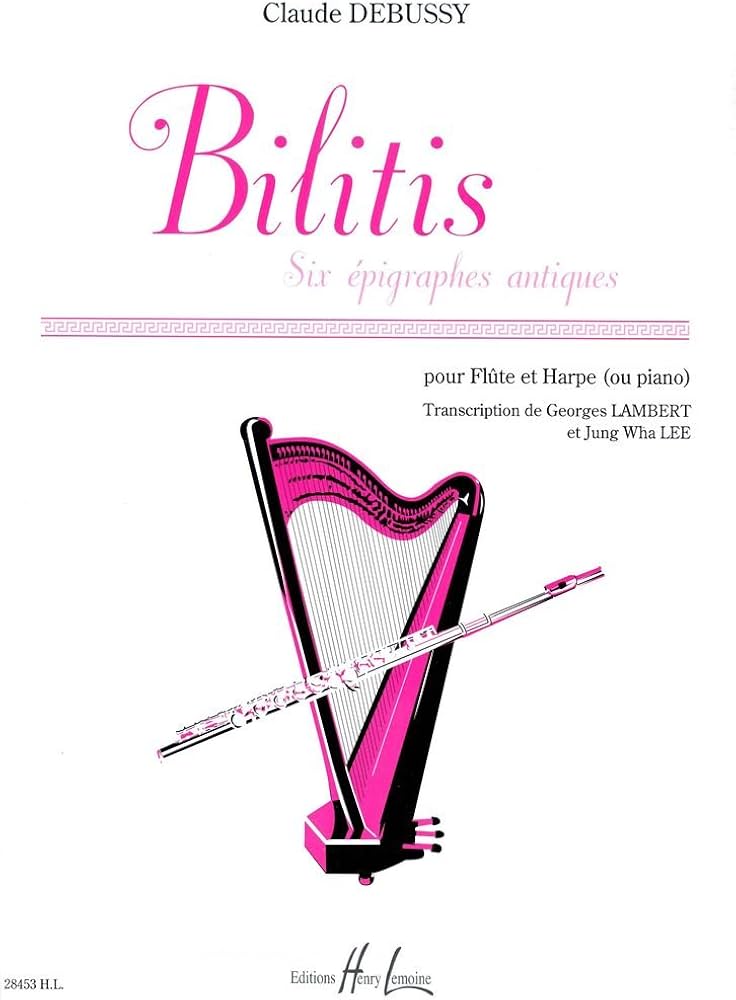 Sheet music cover for 'Bilitis' by Claude Debussy with a harp and flute illustration.