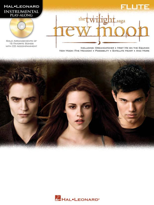 Music book cover for 'The Twilight Saga New Moon' for flute with images of characters and Hal Leonard logo.