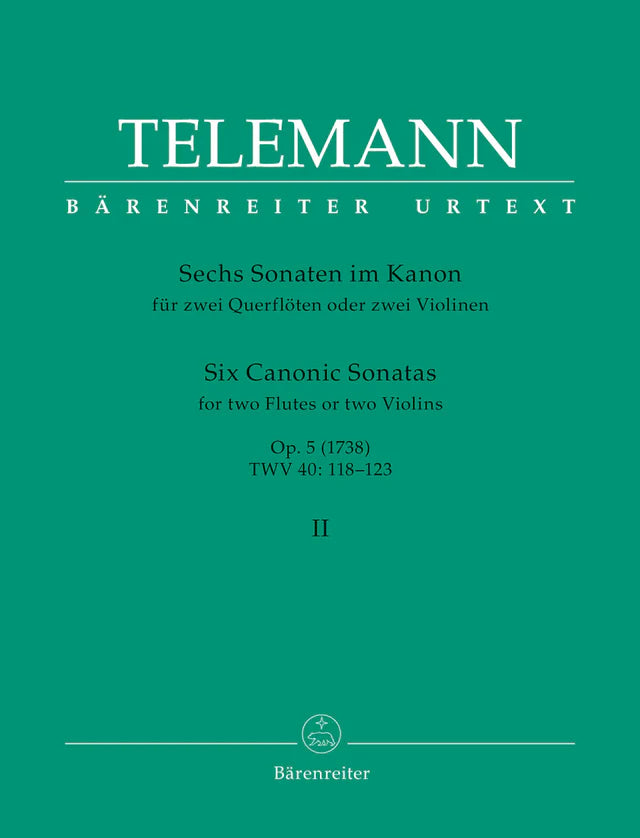 Book cover of Telemann's Six Canonic Sonatas for two Flutes or two Violins, Op. 5, Bärenreiter Urtext edition.