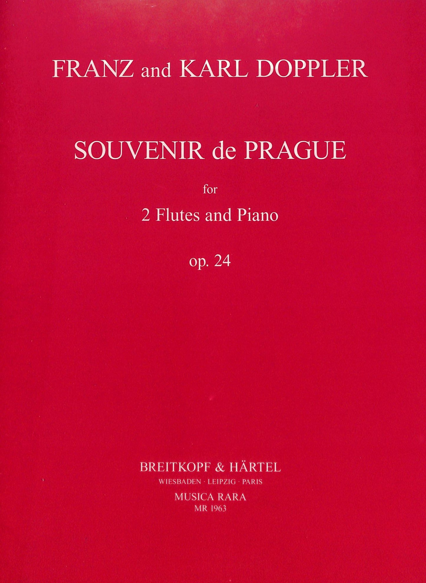 Sheet music cover for 'Souvenir de Prague' by Franz and Karl Doppler with red background and white text.