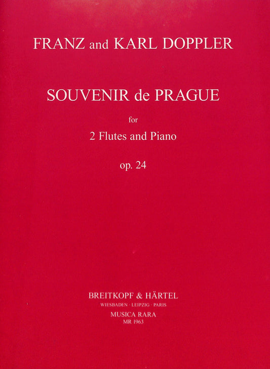 Sheet music cover for 'Souvenir de Prague' by Franz and Karl Doppler with red background and white text.