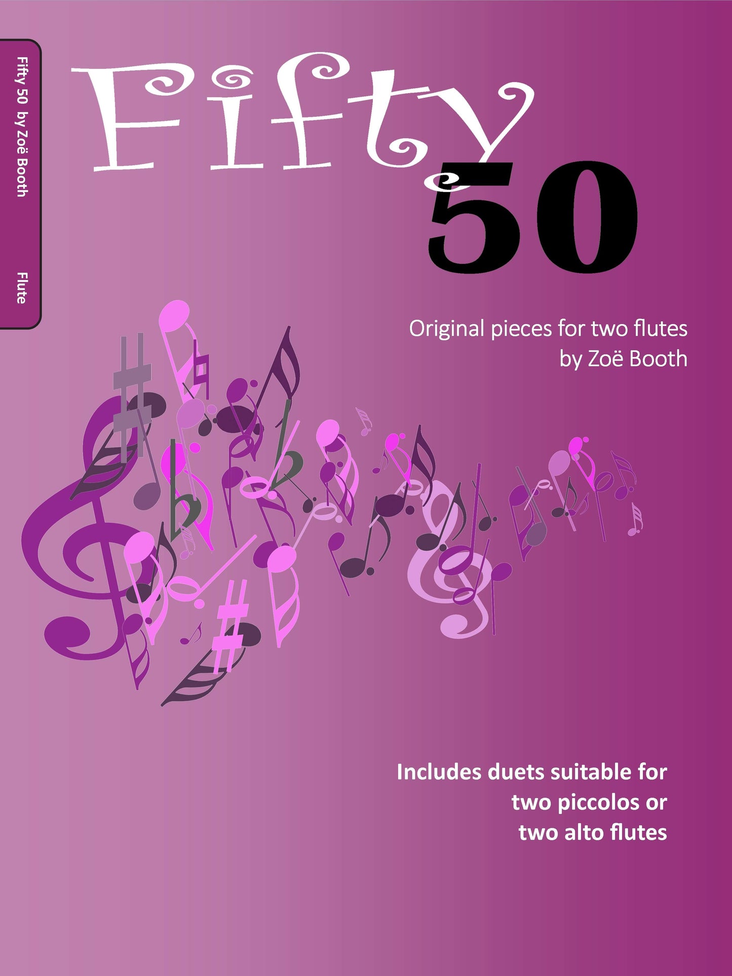 Fifty 50 - Original Pieces for two flutes by Zoë Booth cover with treble clef and musical notes illustrated on purple background