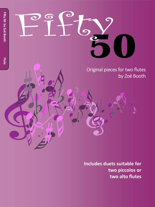 Fifty 50 - Original Pieces for two flutes by Zoë Booth cover with treble clef and musical notes illustrated on purple background