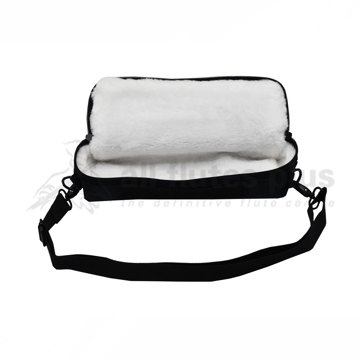 Black Trevor James piccolo outer case with shoulder strap opened