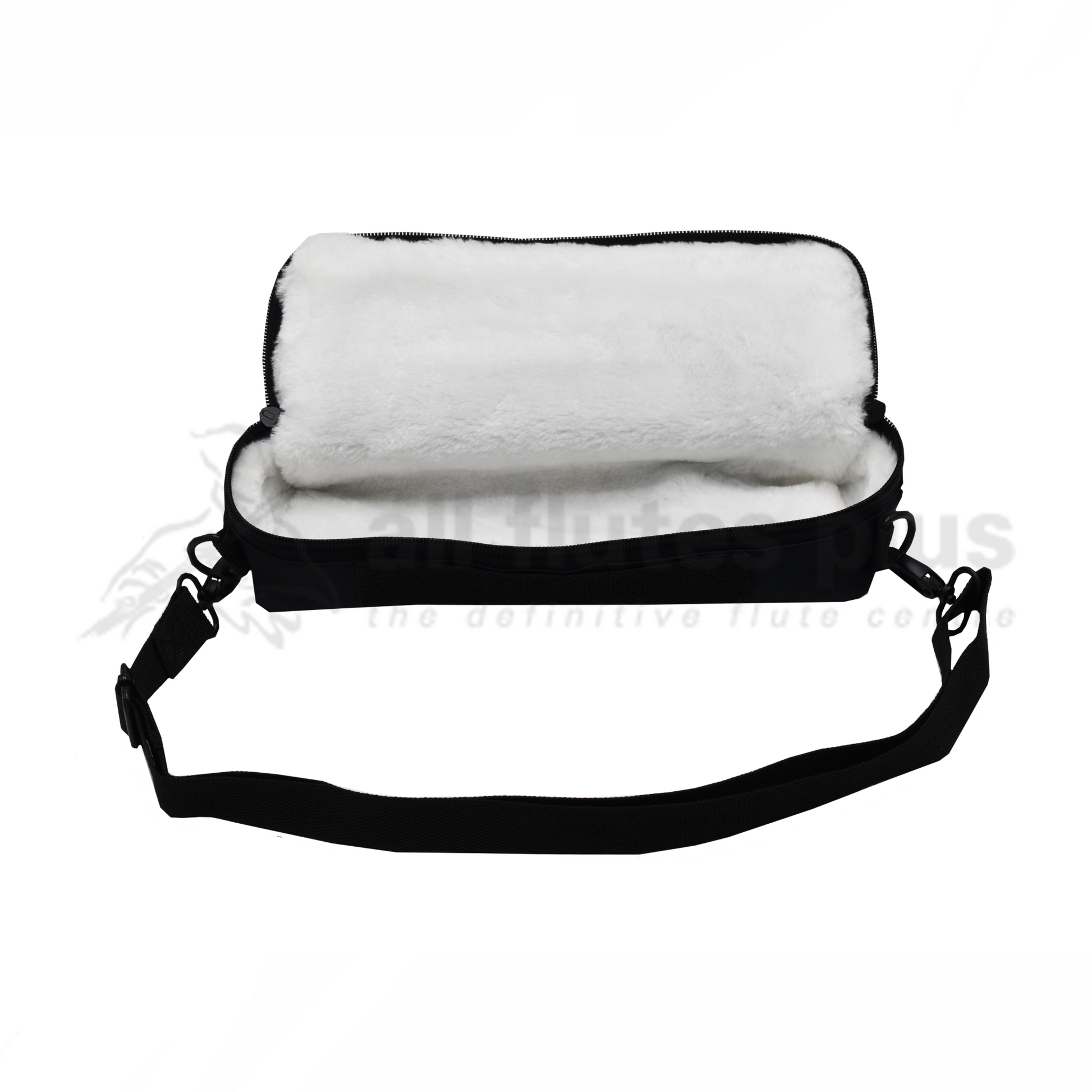 Black Trevor James piccolo outer case with shoulder strap opened