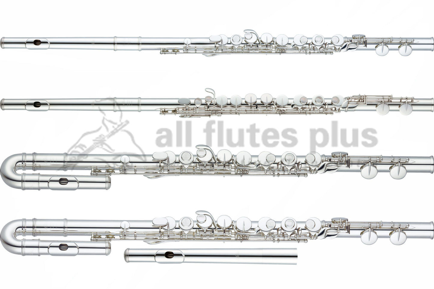 Four Altus 800 Series alto flutes in a line, two with straight headjoints and two with curved headjoints 
