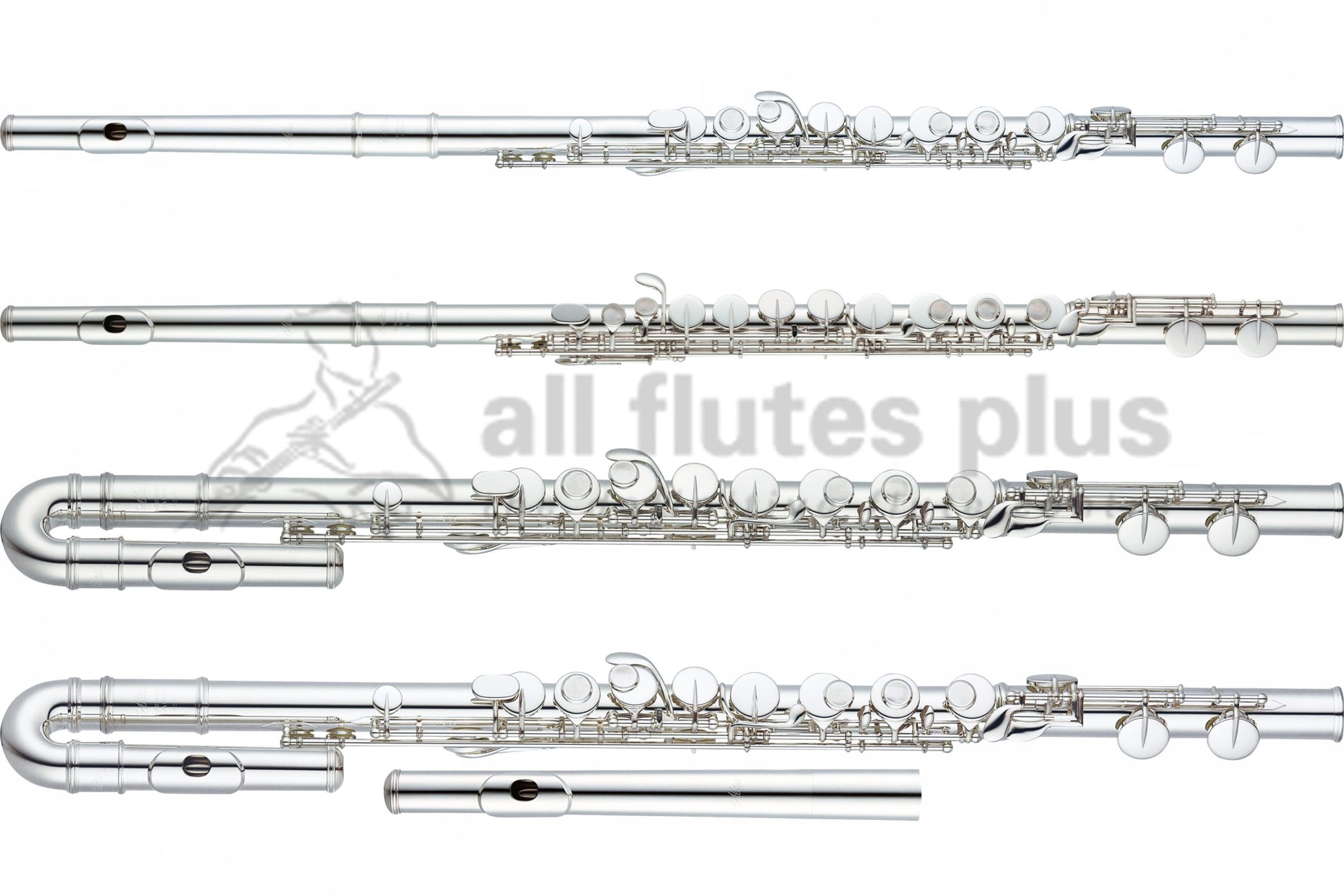 Four Altus 800 Series alto flutes in a line, two with straight headjoints and two with curved headjoints 