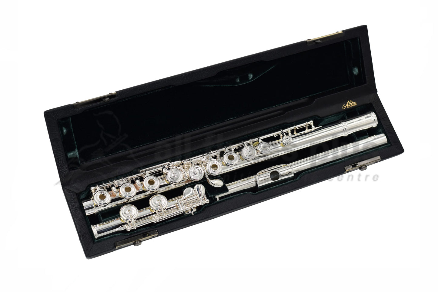 An Altus A10 flute displayed in an open case, revealing the silver body, headjoint, and mechanism