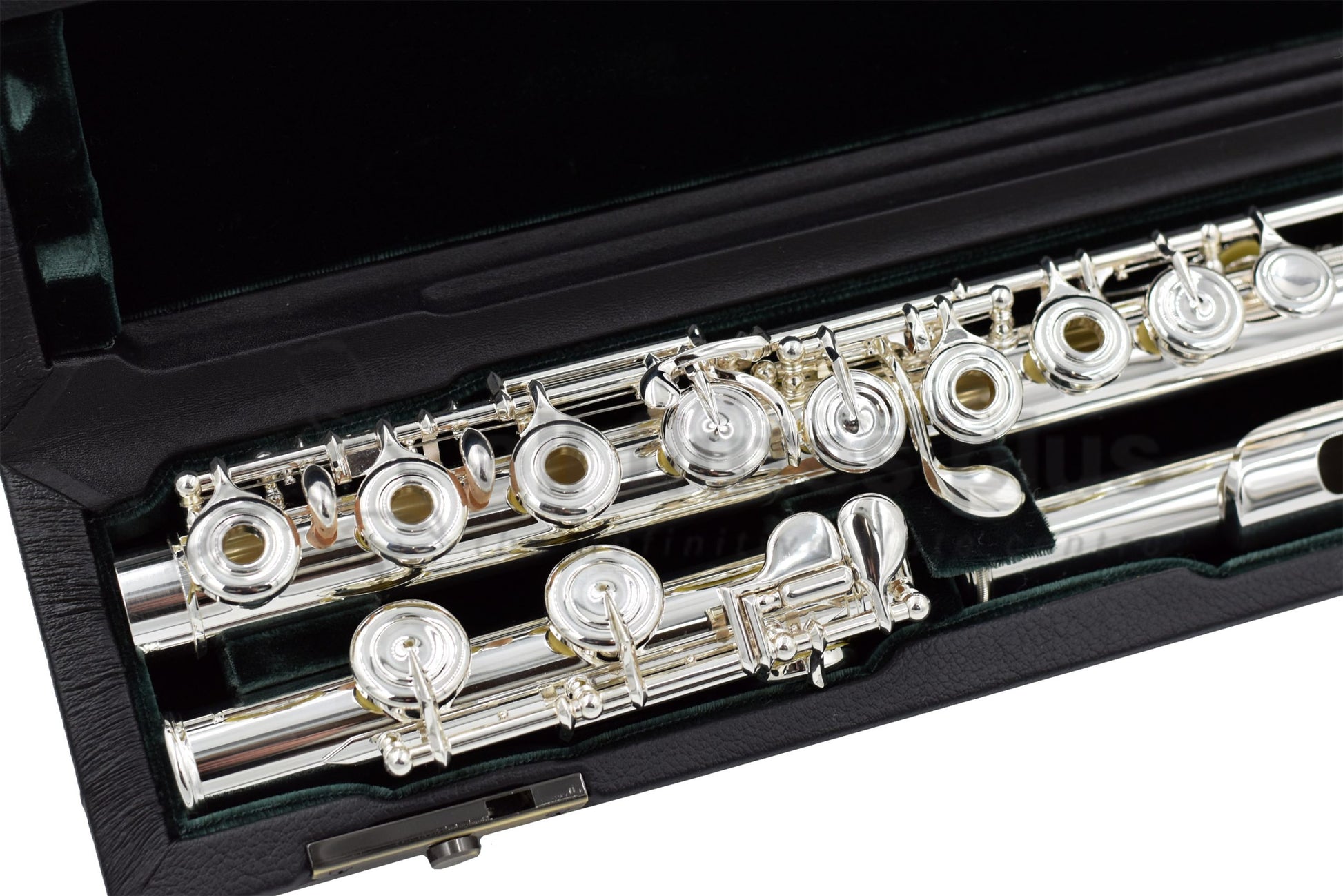 Altus A10REO Flute set in an open case with green velvet interior, close up of footjoint and open hole body joint
