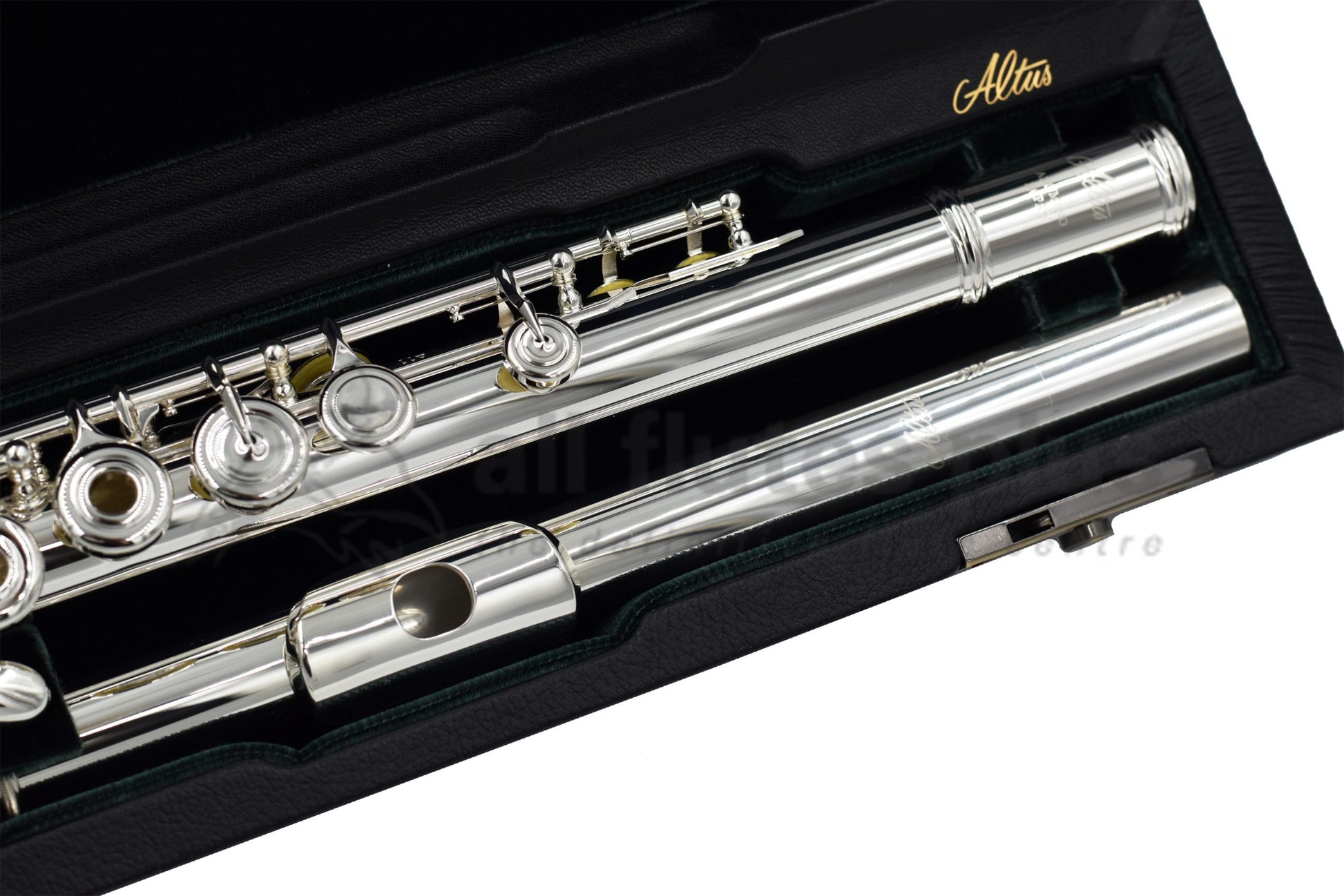 Altus A11 REO Flute set in an open case, close up of headjoint and right hand of body joint 
