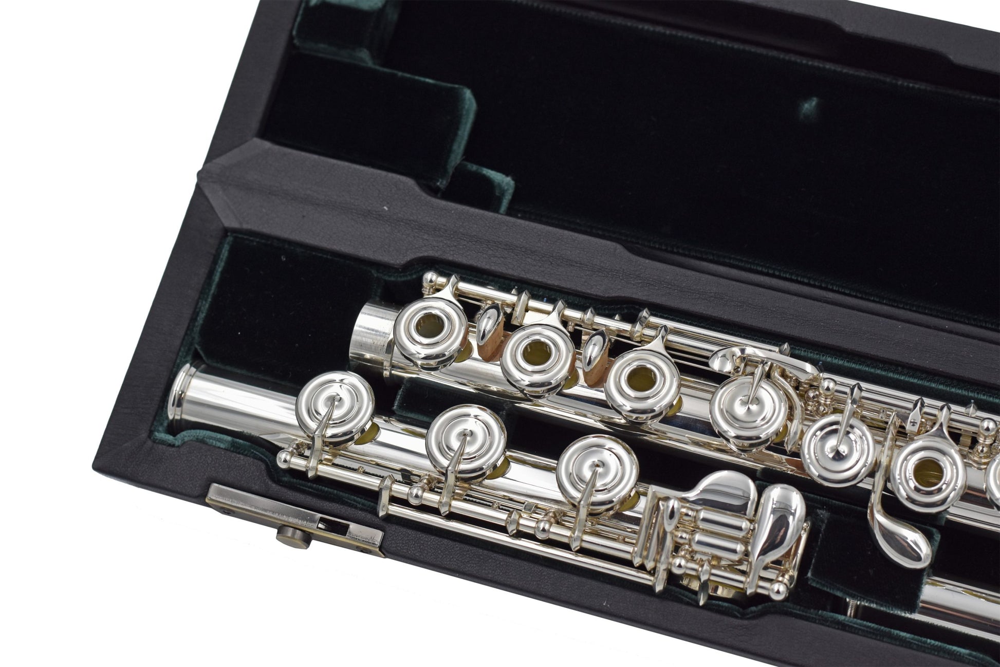 Altus A12 Flute set in an open case with green velvet interior, close up of footjoint and open hole body joint