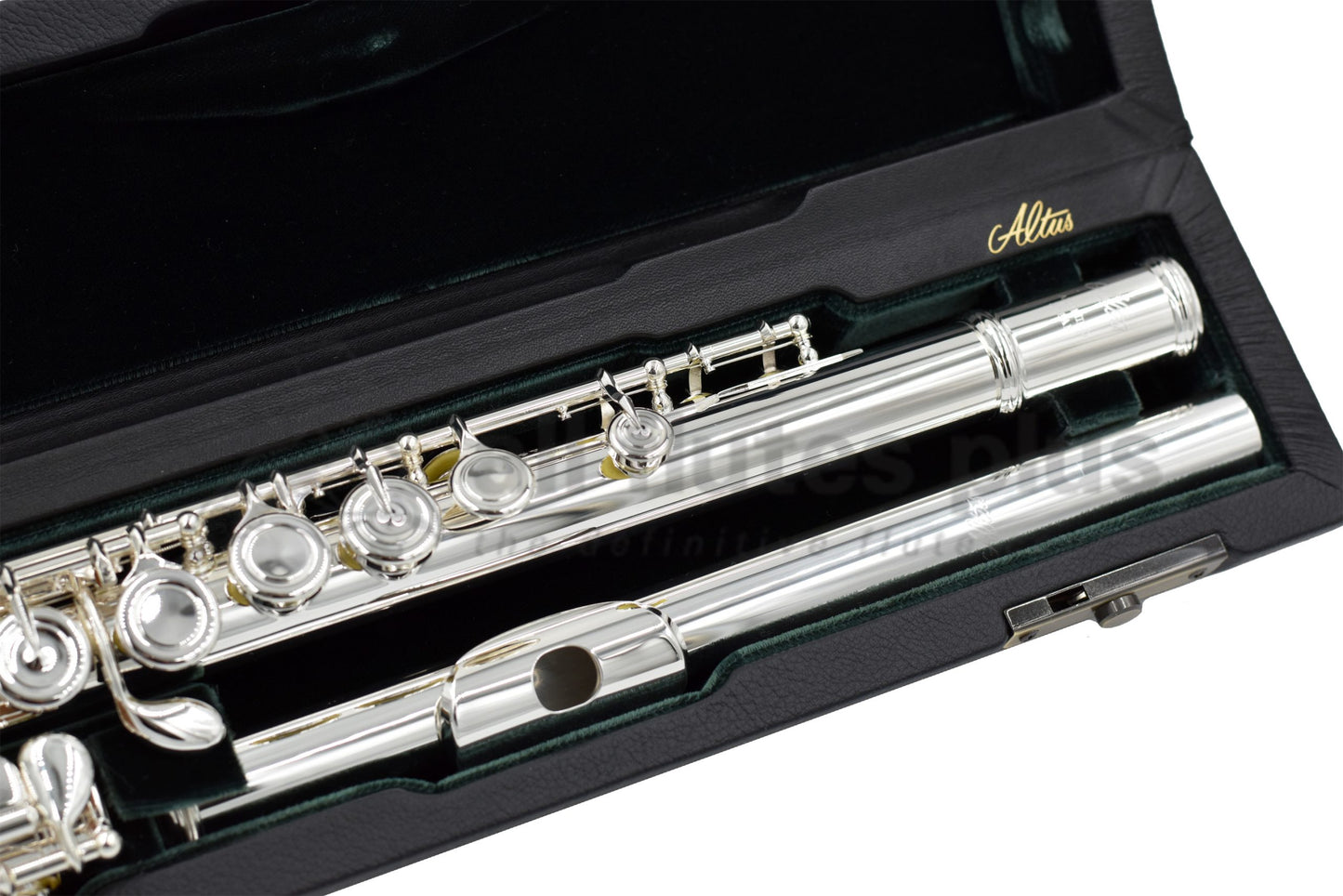Altus A9E Flute set in an open case, close up of head joint and left hand main body of flute 