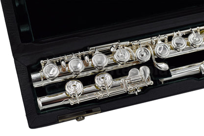 Altus A9E flute set in an open case, close up of footjoint and body 