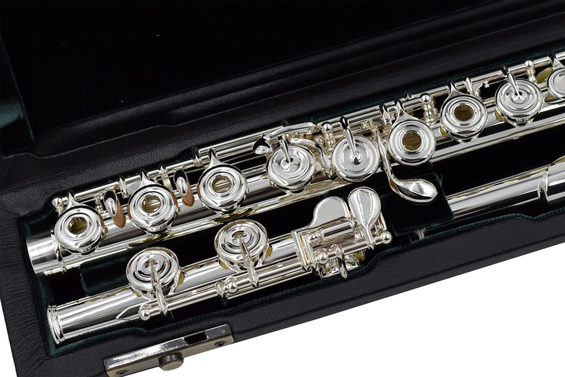 Altus A9 ROE Flute set in an open case, close up of footjoint and main body of flute 