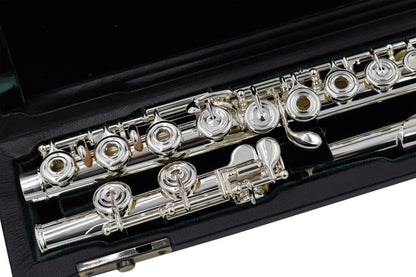Altus A9 ROE Flute set in an open case, close up of footjoint and main body of flute 